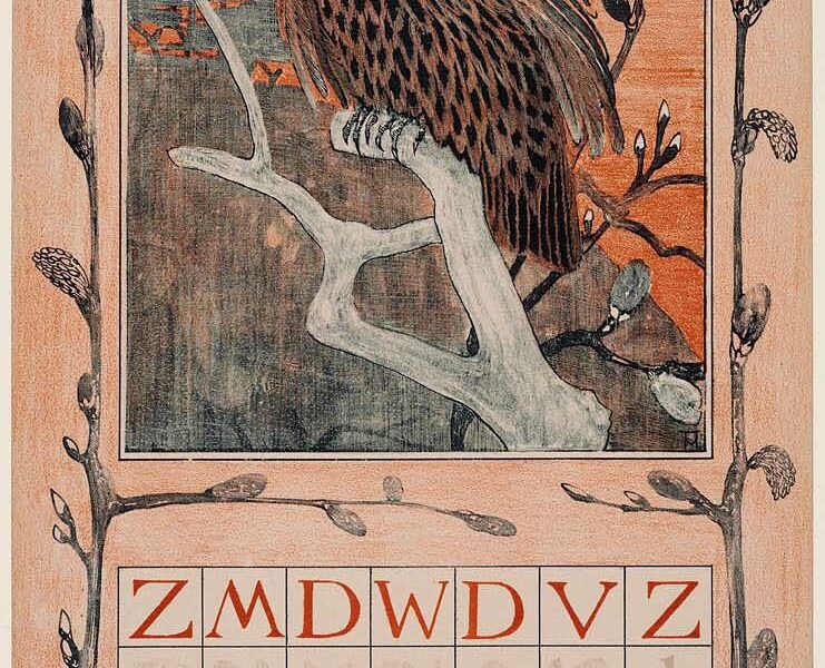 An illustrated calendar page for the month of February, with a starling.