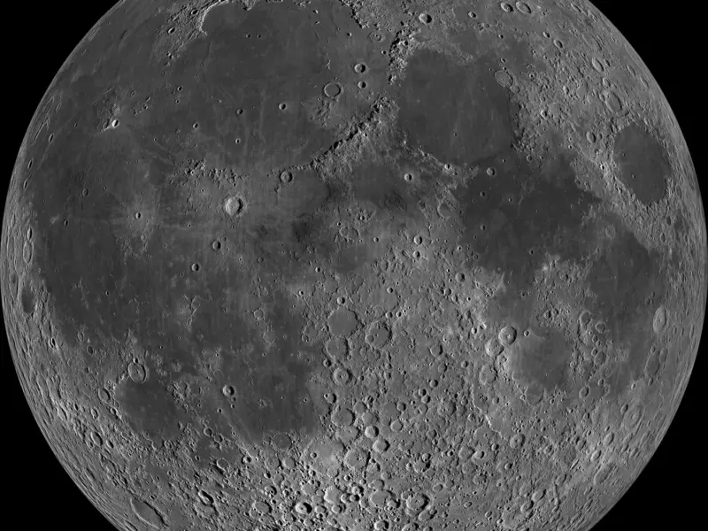The near side of the Moon, the hemisphere permanently turned towards Earth.