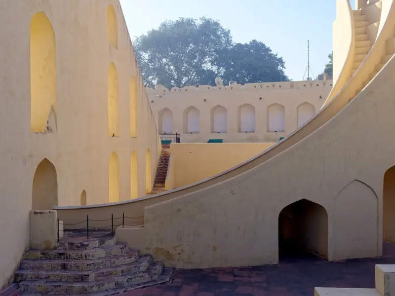 The great sundial at Jantar Mantar in Jaipur, its enormous triangular gnomon rising against the sky.