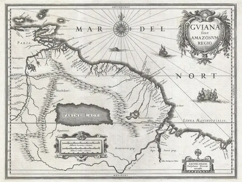 A seventeenth-century engraved map, hand-coloured, showing coastline and rivers.