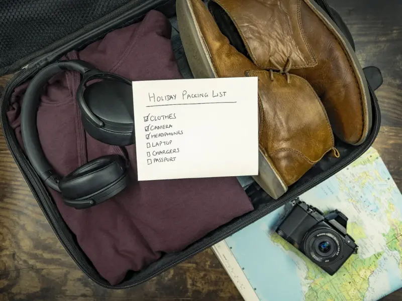 An open suitcase part-packed with folded clothes for a trip.